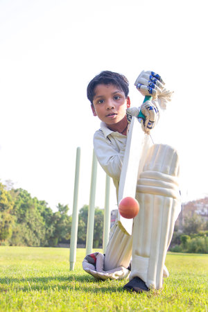 Young boy batting in protective gear during a cricketの写真素材