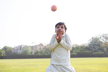 Boy catching cricket ball in the groundの写真素材