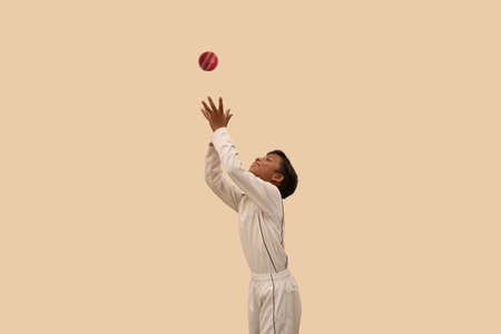 Boy catching cricket ballの写真素材