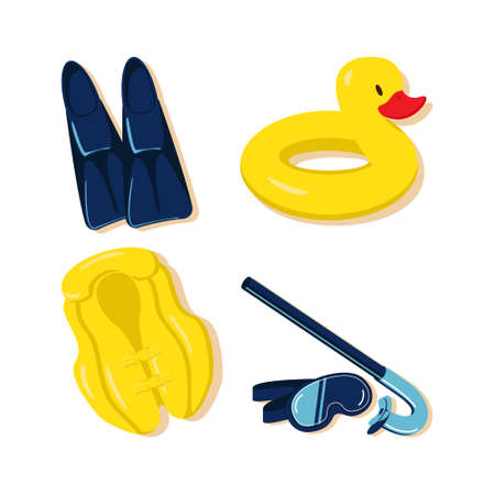 Set of swimming equipment: children's vest, mask, fins and duck swim ring. Vector illustration