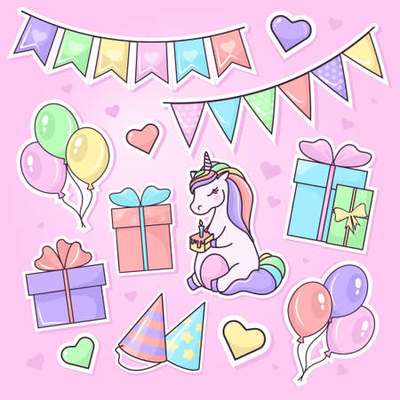 Vector illustration: set of stickers with dreaming unicorn and decorations for birthday partyのイラスト素材