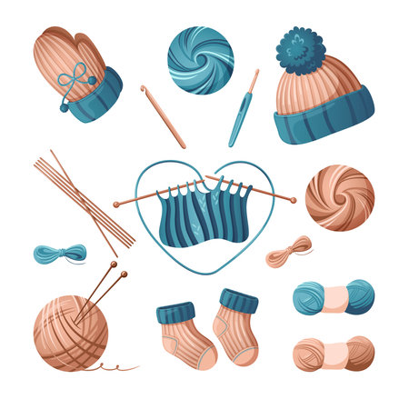 Tools for hand knitting and knitted things: hat, mittens, socks - a set of isolated objects on a white background. Vector illustration. Handmade. Hand drawing, not AIのイラスト素材