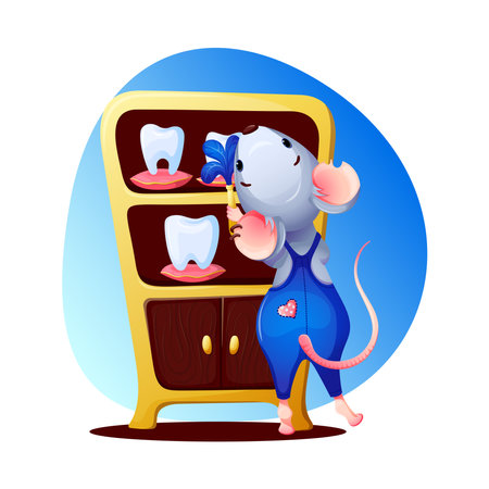 Funny mouse in blue overalls, wiping dust from children milk teeth on the shelves of a magic cabinet. Character - Mouse - tooth fairy. Children's vector illustrationのイラスト素材