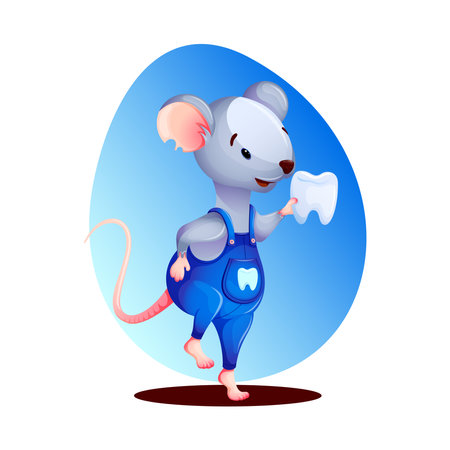 A funny little mouse in a blue jumpsuit with a pocket jumps with joy holding a tooth in his paws. Character - Mouse - tooth fairy. Children's vector illustrationのイラスト素材