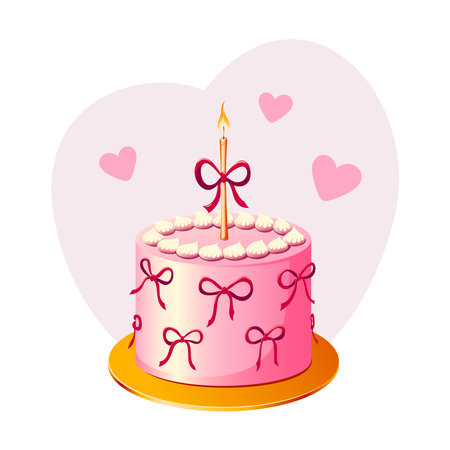 Bento birthday cake with one candle in the center, decorated with bows. Vector illustration, birthday, anniversary theme card isolated on white backgroundのイラスト素材