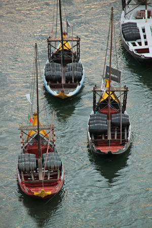 Boats with tun of portwine on river Douro  Porto, Portugal のeditorial素材