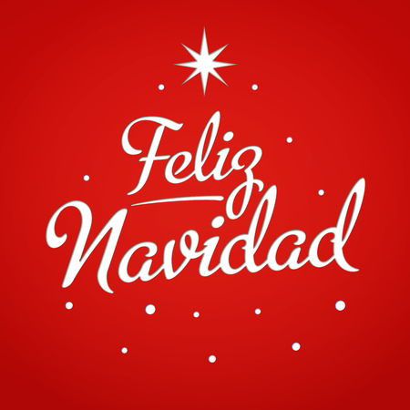 Merry Christmas - card template with greetings in spanish. Feliz Navidad. Lettering with star and snow. Vector.のイラスト素材