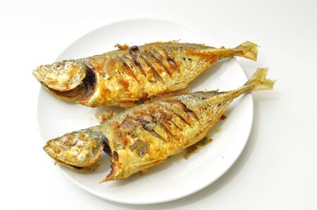 yellow scad fry fish isolated white backgroundの写真素材