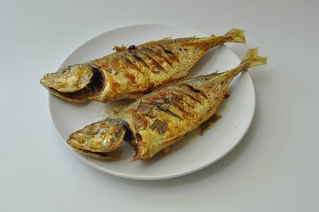yellow scad fry fish isolated white backgroundの写真素材