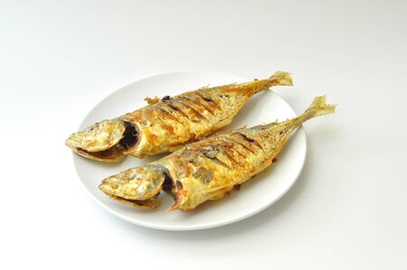 yellow scad fry fish isolated white backgroundの写真素材