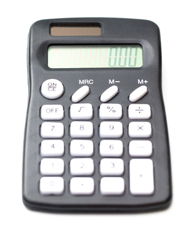 A black calculator with white keys isolated on a white backgroundの写真素材