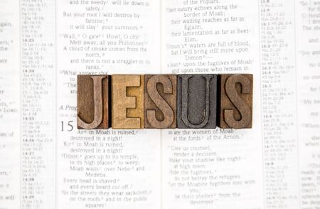 Jesus on an Open Page of the Bibleの写真素材