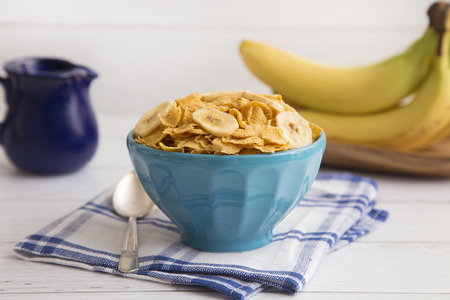 Breakfast Cereal and Bananas in a Blue Bowl