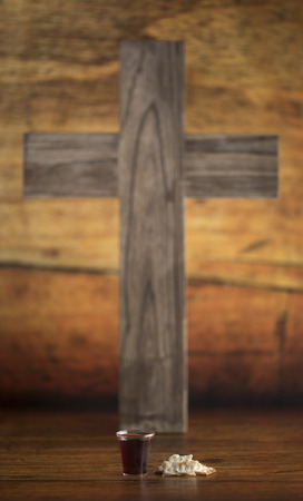 Christian Communion on a Wooden Tableの写真素材