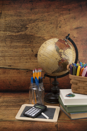 Back to School Themed Background on a Wooden Tableの写真素材