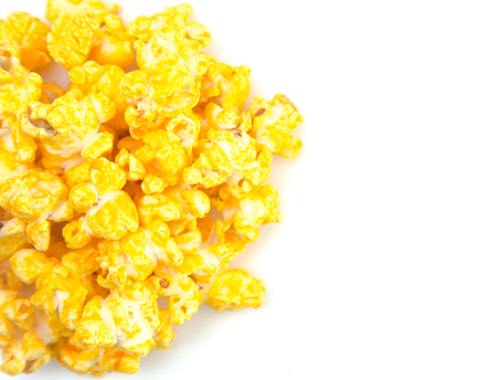 Hot Sauce Flavored Cheese Popcorn on a White Backgroundの写真素材