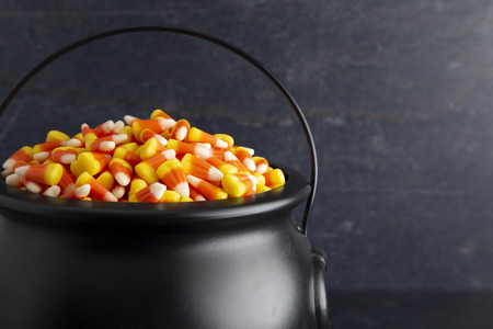 Black Cauldron For Witches FIlled with Candy Corn
