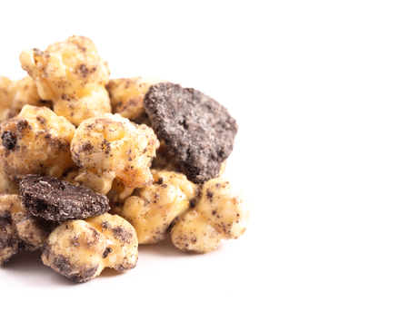 Cookies and Cream Flavored Popcorn Isolated on a White Backgroundの写真素材
