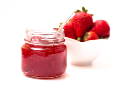 Fresh Homemade Strawberry Jam in a Glass Canning Jarの写真素材
