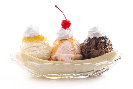 Classic Banana Split Isolated on a White Backgroundの写真素材