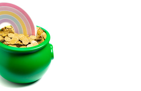 Green Pot Full of Golden Coins at the End of the Rainbowの写真素材