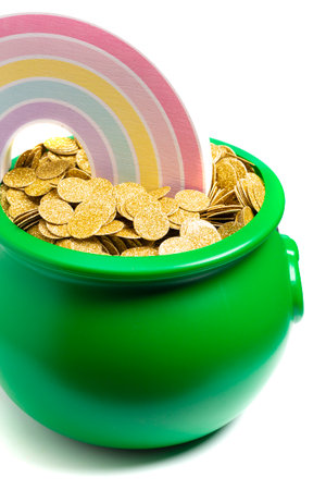 Green Pot Full of Golden Coins at the End of the Rainbowの写真素材