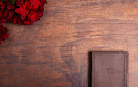 Personal Bible Study on a Distressed Red Wood Tableの写真素材