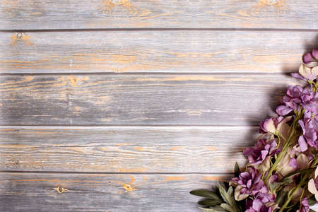 A Background with Copy Space and Purple Flowers on a Rustic Wood Tableの写真素材