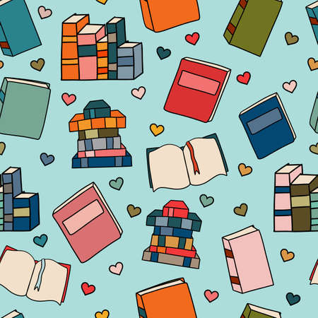 Seamless Patter of Cute Books Both Open and Closed with Love Heartsのイラスト素材