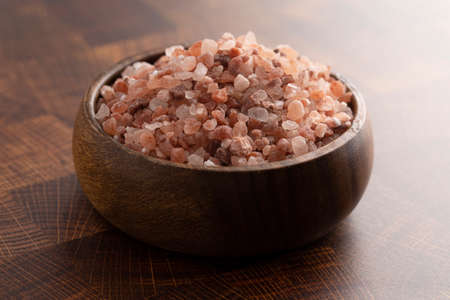 Pink Himalayan Sea Salt on Wooden Butcher Block