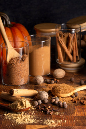 Ingredients Needed for Pumpkin Spice Cinnamon Nutmeg Allspice Clove and Gingerの写真素材