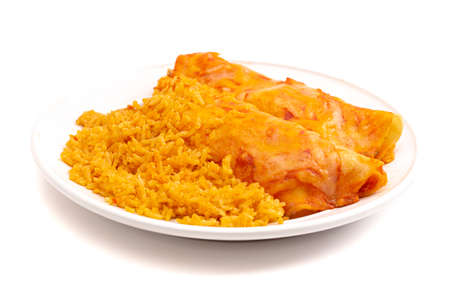 A Pair of Enchiladas with Red Sauce and Seasoned Rice