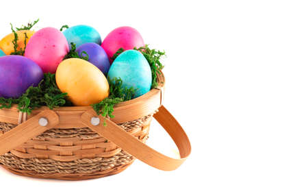 Basket Full of Colorful Solid Boiled Easter Eggsの写真素材