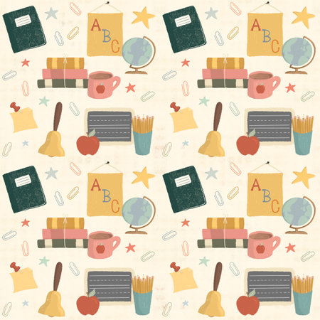A Seamless Pattern of School Supplies and Teacher Supplies in a Boho Vintage Color Schemeの写真素材