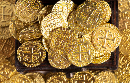 Treasure Chest Filled with Golden Coinsの写真素材