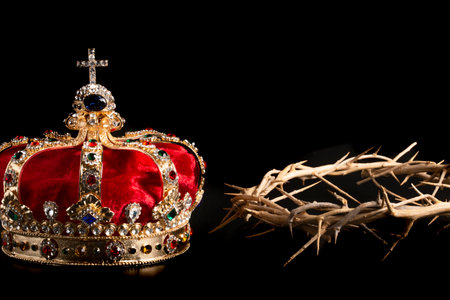 A Gold Coronation Crown with Red Velevet with the Crown of Thornsの写真素材