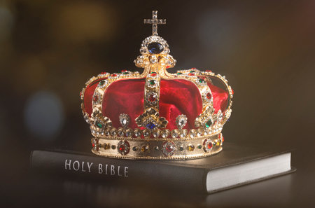A Gold Coronation Crown with Red Velevet on a Bibleの写真素材