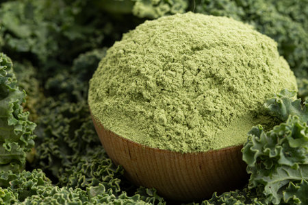 Bowl of Green Kale Powder on a Bed of Kale Leavesの写真素材