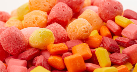 Freeze Dried Rainbow Flavored and Pastel Colored Chewy Candy Squares Isolated on a White Backgroundの写真素材