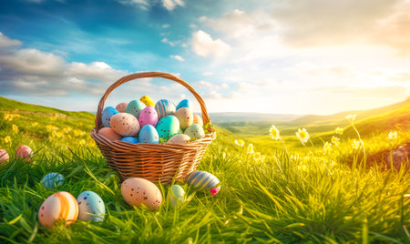 Basket Filled with Decorated Easter Eggs in a Field full of Hidden Eggsの素材