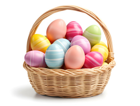 Decorated Easter Eggs in a Wooden Basket Isolated on a White Backgroundの素材