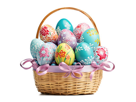 Decorated Easter Eggs in a Wooden Basket Isolated on a White Backgroundの素材