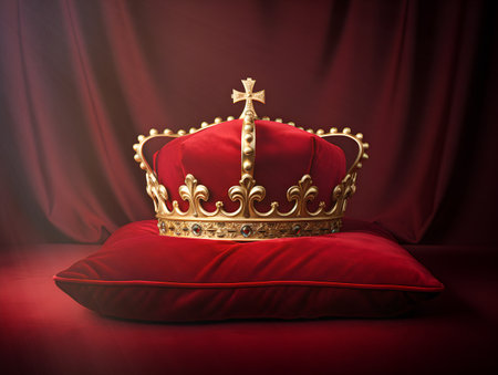 Golden Coronation Crown on Red Velvet in the Sunlightの素材