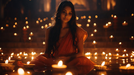 Beautiful indian woman sitting in the lotus position with candles.の素材