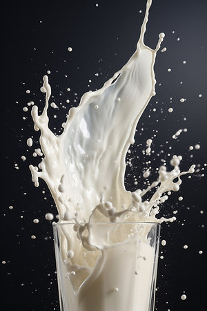 splashing milk in a glass on a black background, studio shotの素材