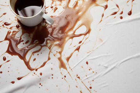 Cup of coffee with spilled chocolate on white background, close upの素材