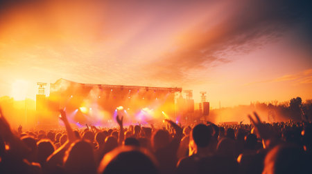 Cheering crowd at a music festival in front of bright stage lightsの素材