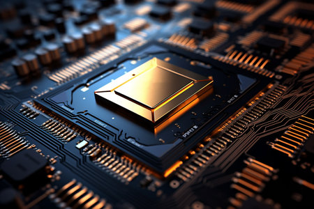 Close-up of electronic circuit board with gold bars. 3D renderingの素材