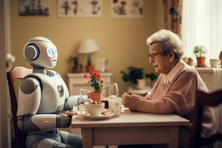 Elderly woman talking with a robot while having tea at homeの素材