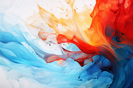 abstract background with red, blue and yellow paint splashes on whiteの素材
